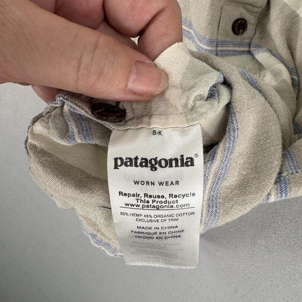 Patagonia Back Step Shirt Small Beige Stripe Short Sleeve Button Up Hemp Cotton - Picture 9 of 10
